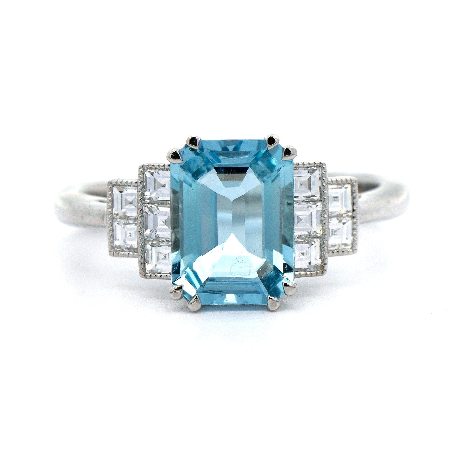 Platinum Emerald Cut Aquamarine and Square Diamond Ring