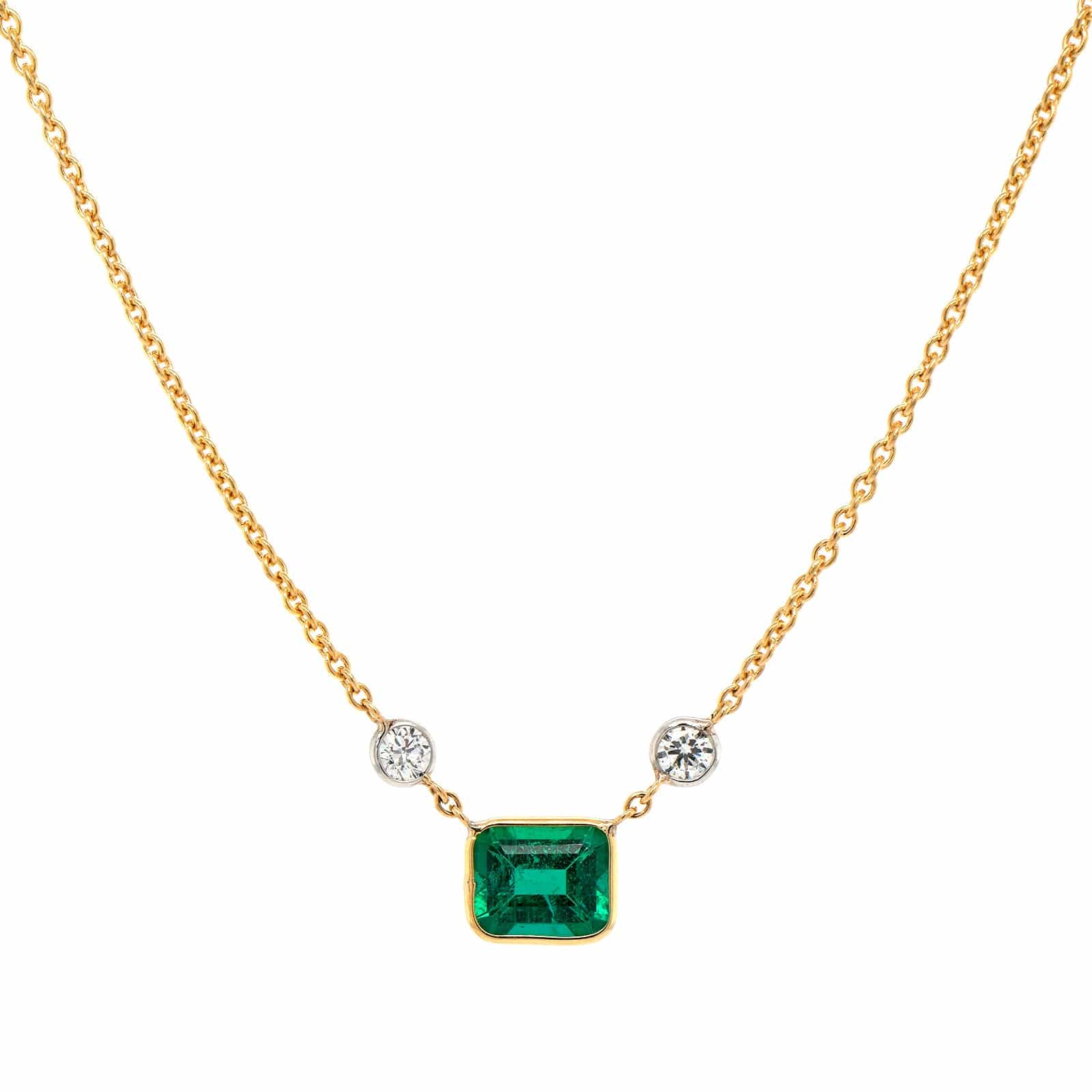 18K Yellow Gold Platinum Diamond Emerald Pendant Necklace