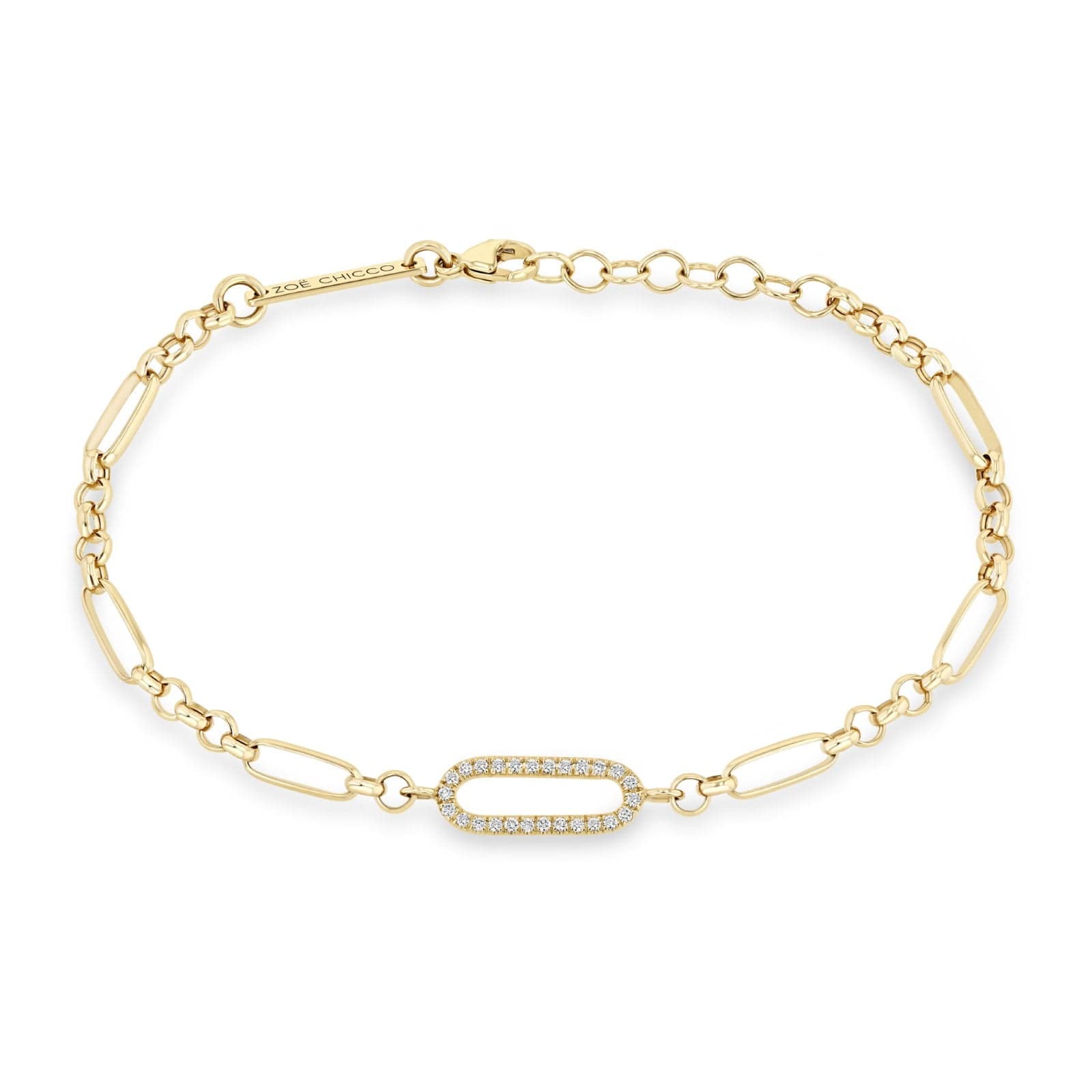 14K Yellow Gold Paperclip and Rolo Chain Bracelet with Pave Diamond Link