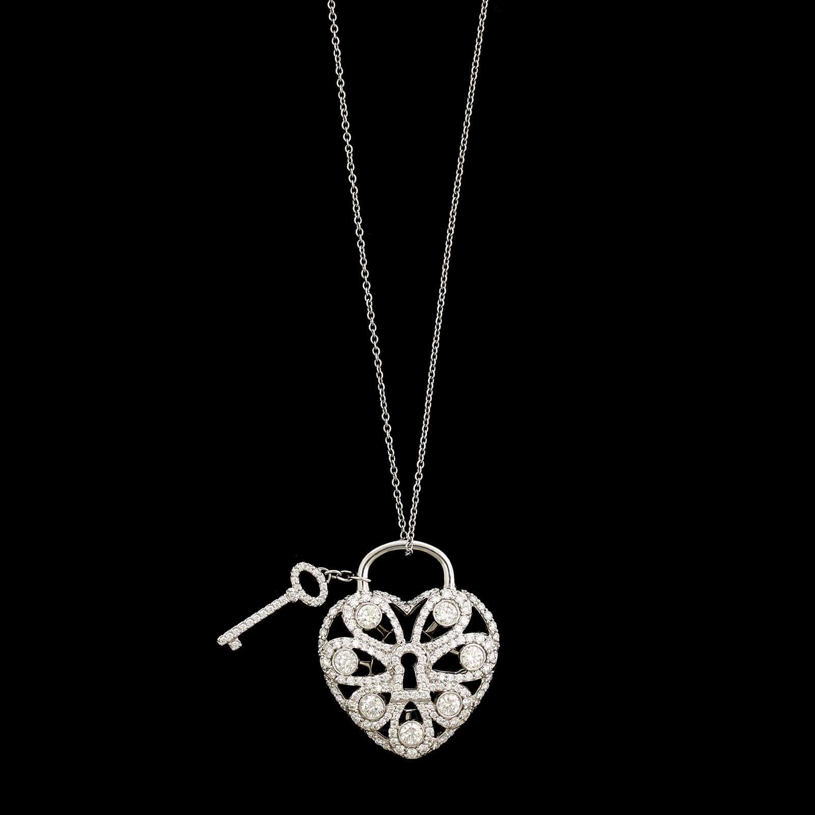 Tiffany & Co. 18K White Gold Estate Diamond Filigree Heart and Key Padlock  Pendant Necklace