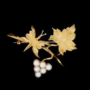 18K Yellow Gold Estate Grapevine Pearl Butterfly Pin