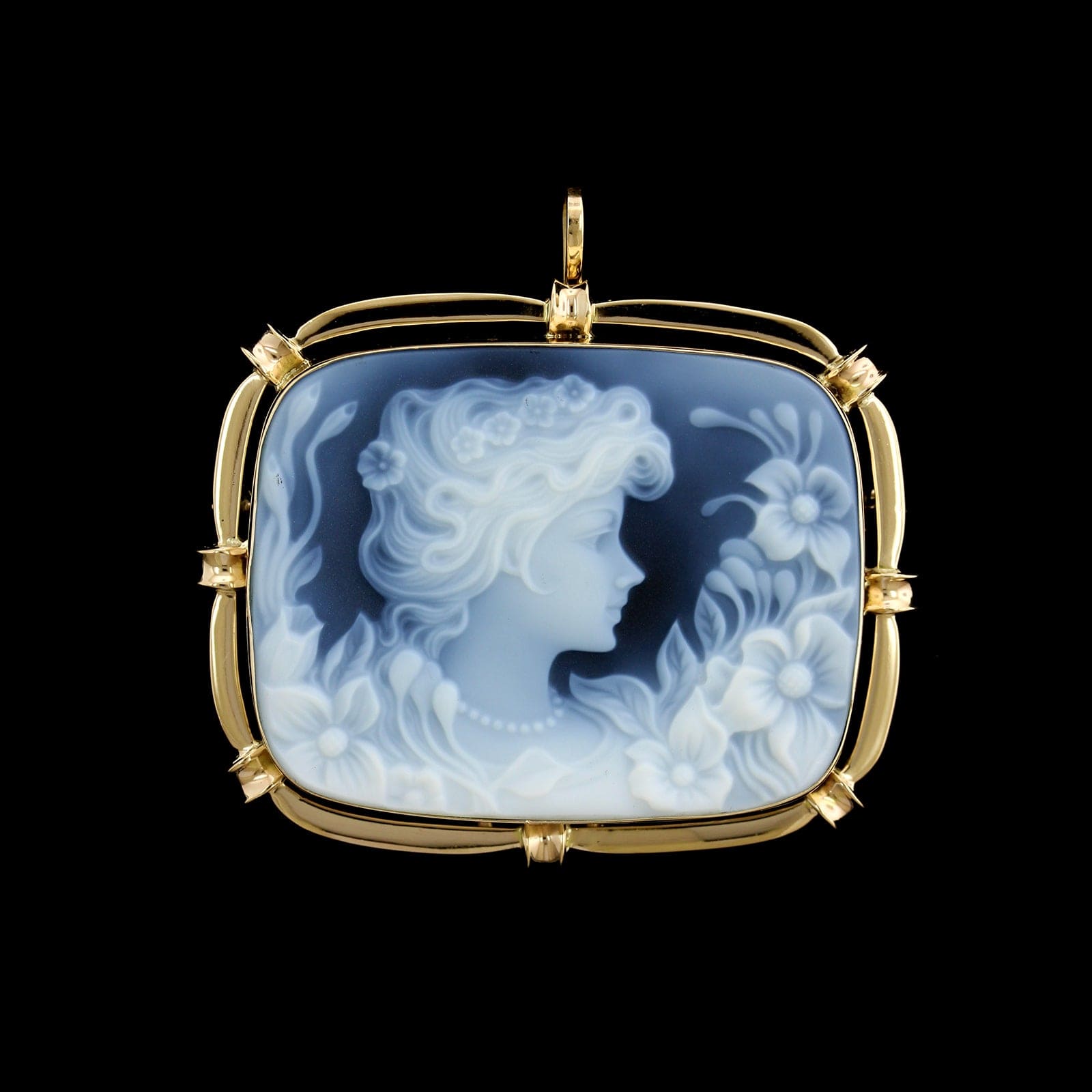 14K Yellow Gold Estate Blue Agate Cameo Pin Pendant