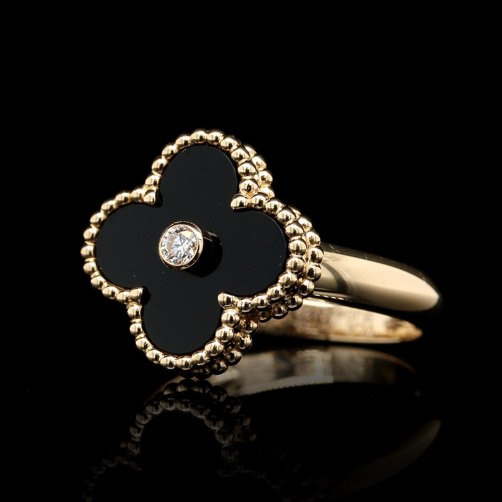 Van Cleef & Arpels 18K Yellow Gold Estate 'Vintage Alhambra' Onyx and Diamond Ring