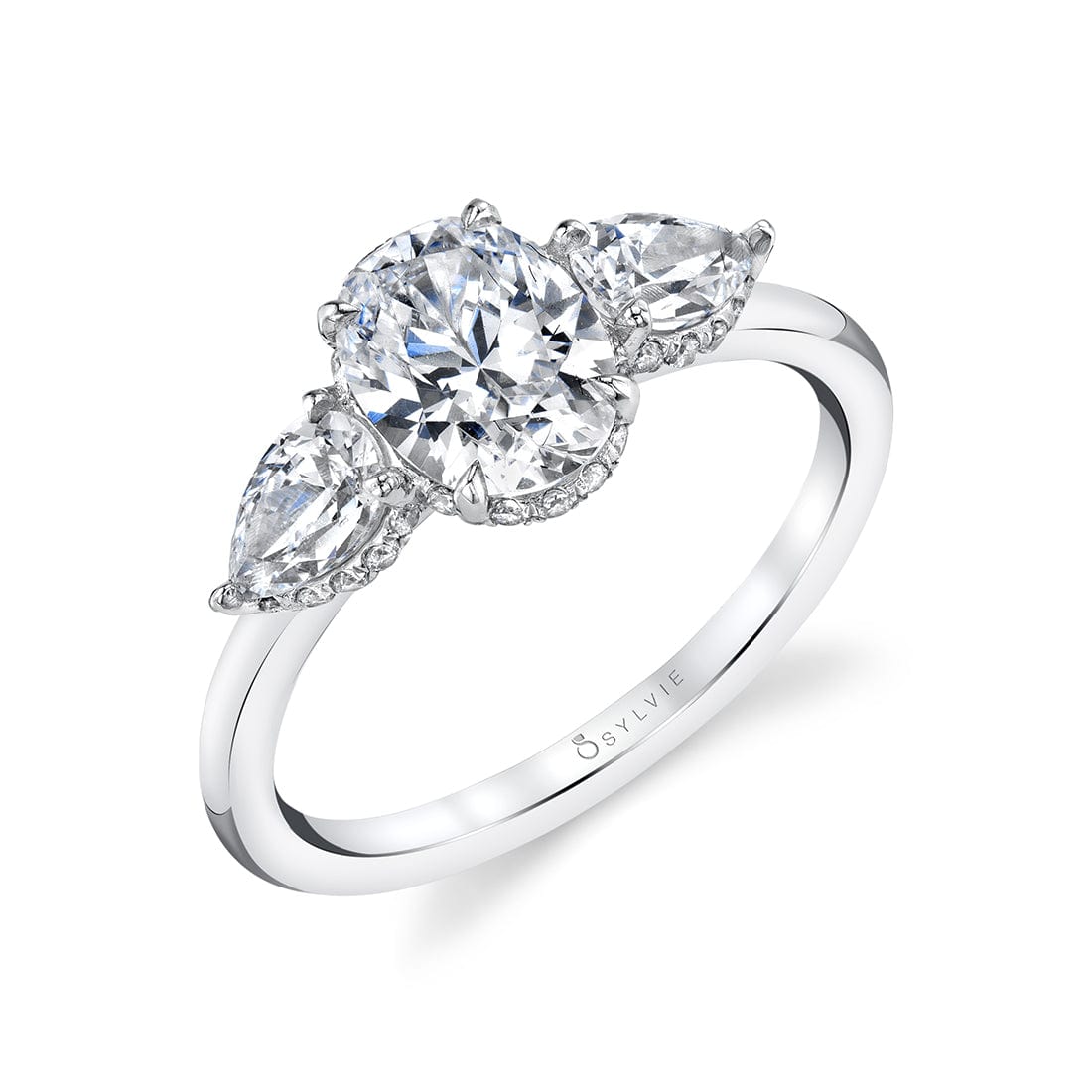 18K White Gold 3 Stone Marquise Diamond Sides Engagement Ring Setting