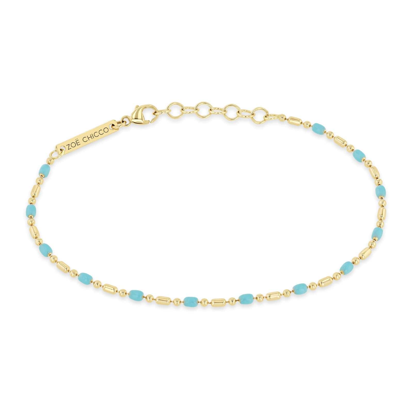 14K Yellow Gold Large Turquoise Bar and Bead Chain Bracelet