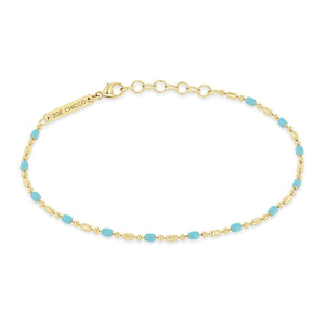 14K Yellow Gold Large Turquoise Bar and Bead Chain Bracelet