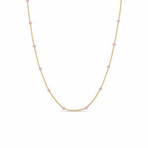 14K Yellow Gold Pink Enamel Curb Satellite Chain Necklace