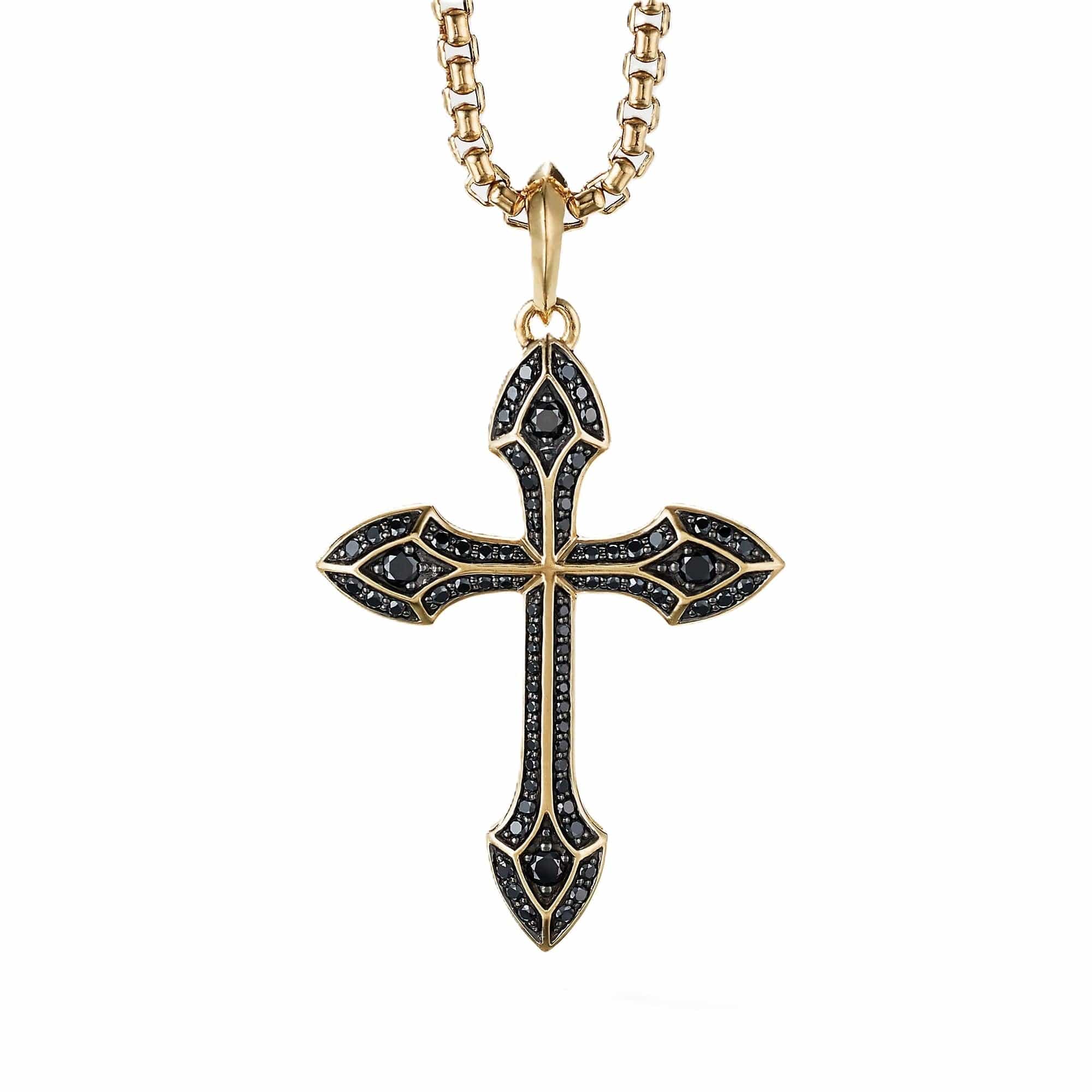 お歳暮 人気 Gothic Cross Amulet in 18K Yellow Gold with Pavé Black アクセサリー