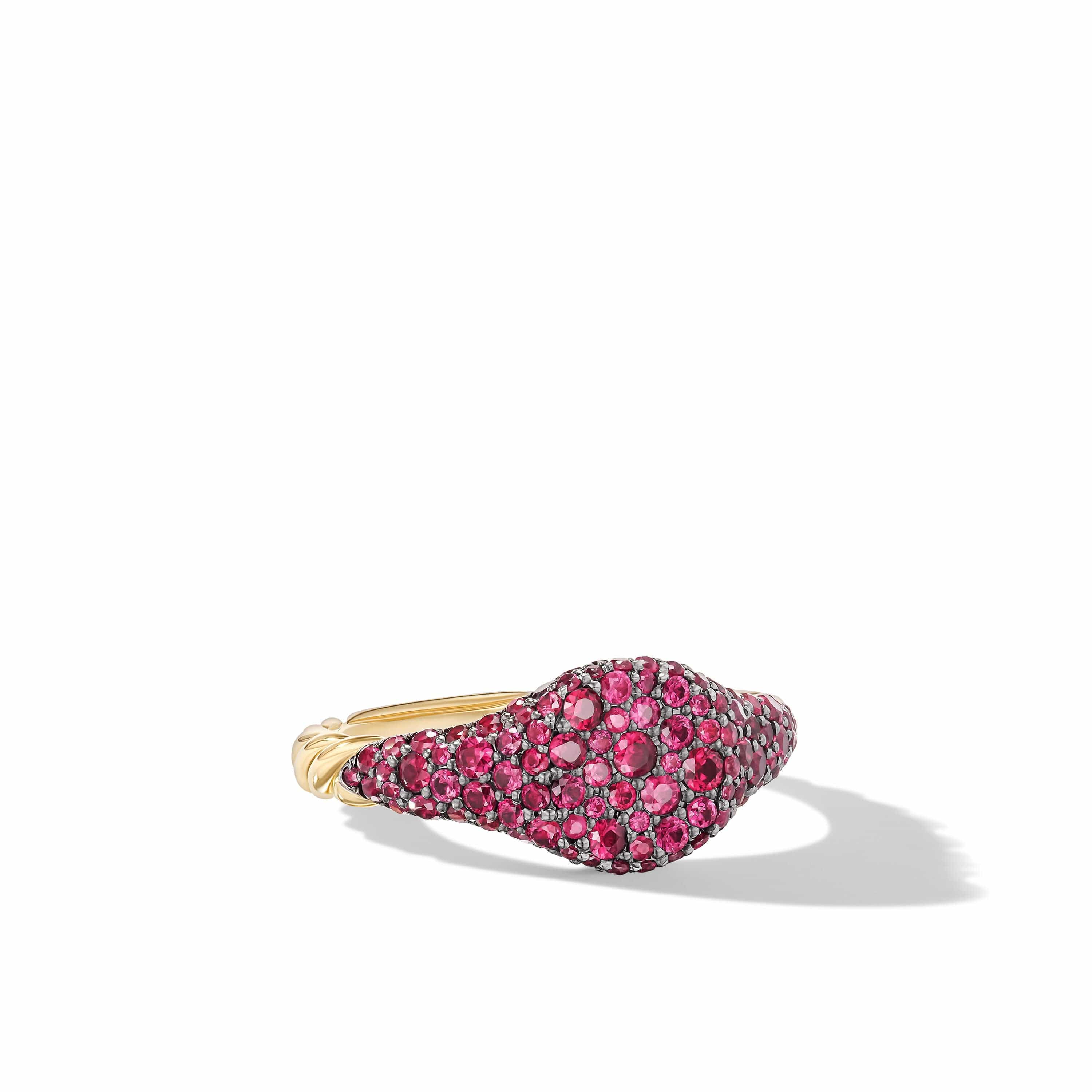 Petite Pave Pinky Ring in 18K Yellow Gold with Red Rubies 7mm Long s Jewelers