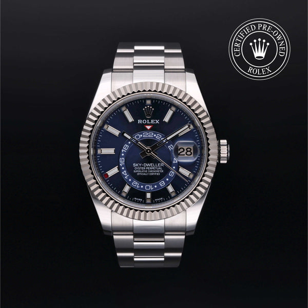 Rolex Certified Pre-Owned Sky-Dweller in Oyster, 42 mm, Stainless Steel and 18k White Gold 326934 watch available at Long's Jewelers.