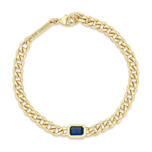 14K Yellow Gold Blue Sapphire Medium Curb Chain Bracelet