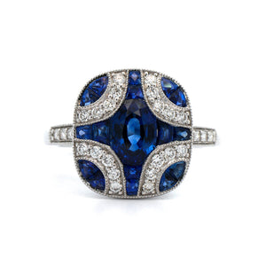 18K White Gold Blue Sapphire and Diamond Cluster Ring