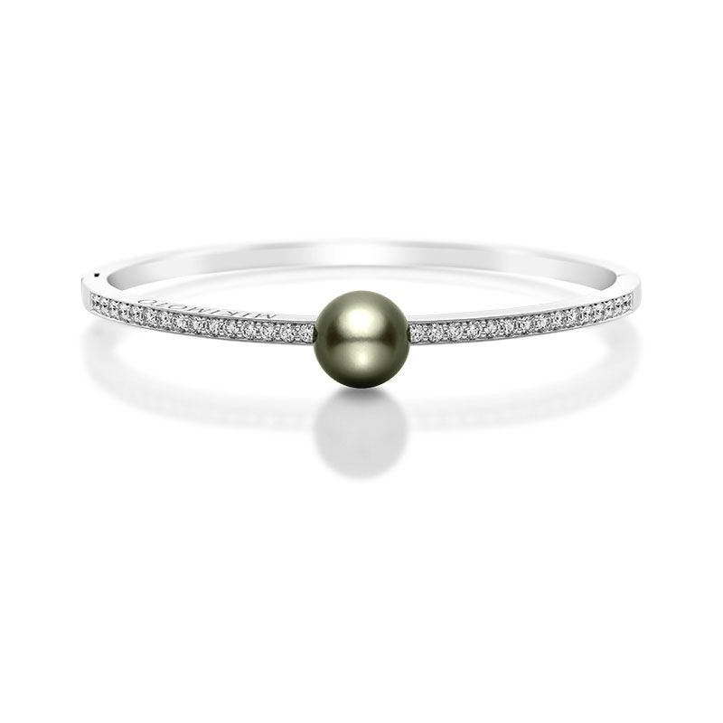 Mikimoto 18K White Gold Diamond and Black South Sea Pearl Bangle