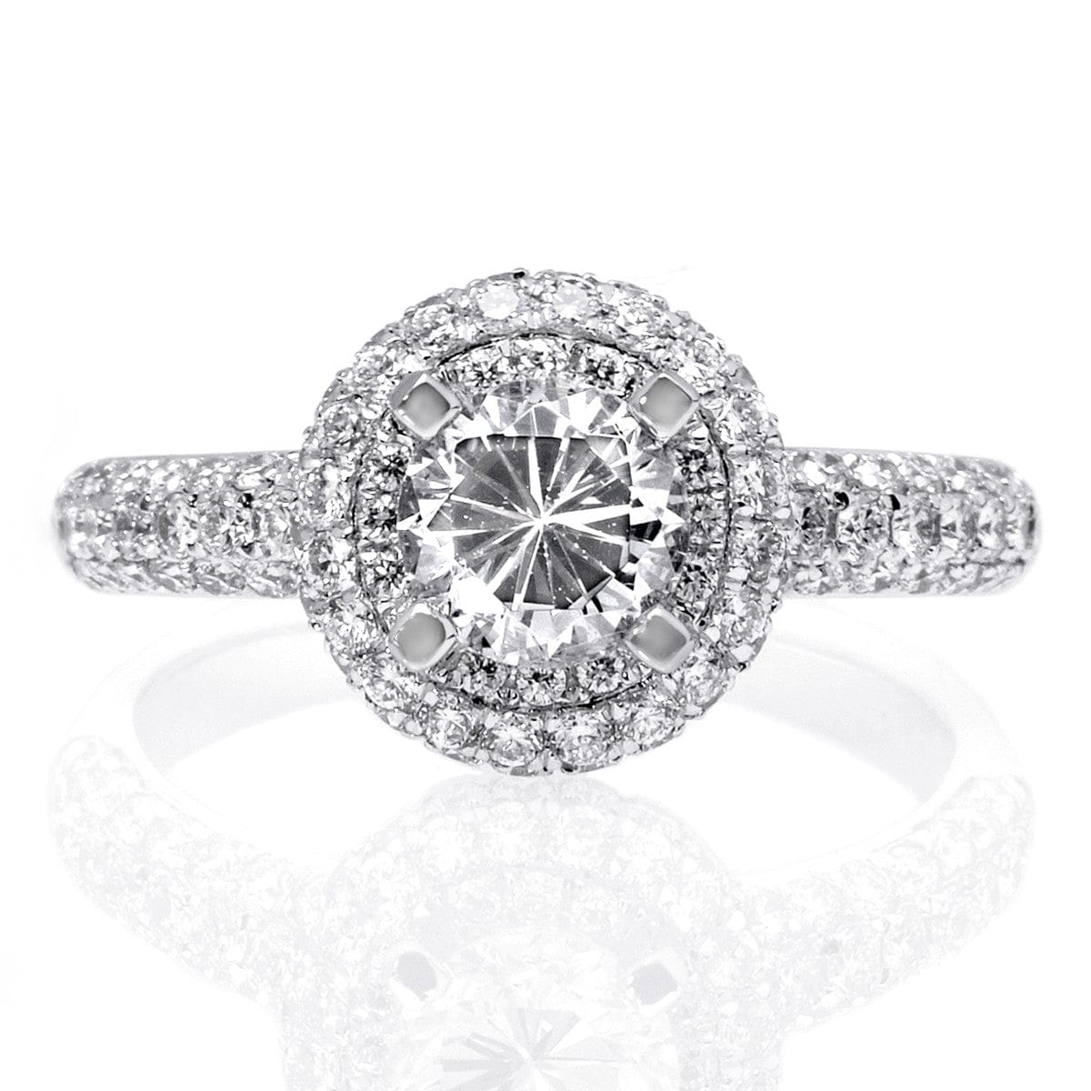 Platinum Round Halo and Pave Shoulder Engagement Ring Setting
