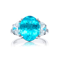 Platinum 3 Stone Oval Paraiba and Half Moon Diamond Ring