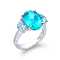 Platinum 3 Stone Oval Paraiba and Half Moon Diamond Ring