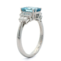Platinum Emerald Cut Aquamarine and Square Diamond Ring
