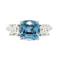 Platinum 3 Stone Cushion Aquamarine and Diamond Ring