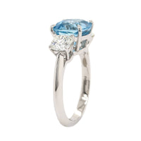 Platinum 3 Stone Cushion Aquamarine and Diamond Ring