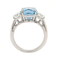 Platinum 3 Stone Cushion Aquamarine and Diamond Ring