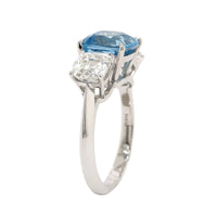 Platinum 3 Stone Cushion Aquamarine and Diamond Ring