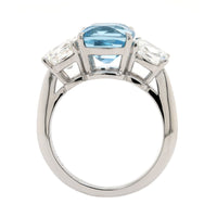Platinum 3 Stone Cushion Aquamarine and Diamond Ring