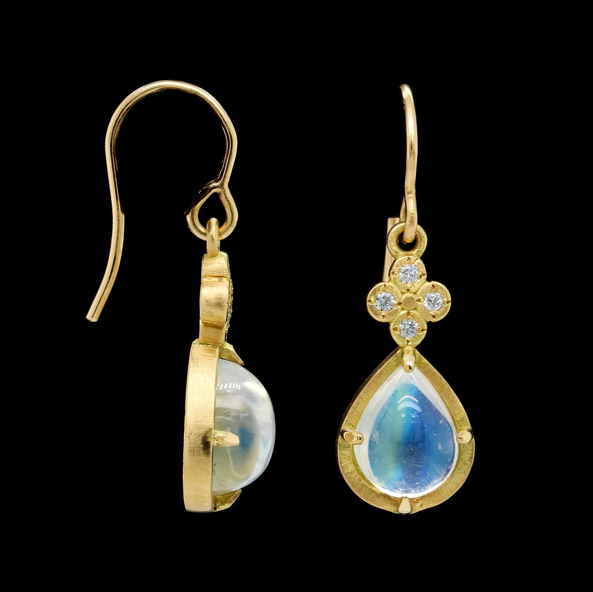 Adel Chefridi 18K Yellow Gold Estate Rainbow Moonstone and Diamond Earrings