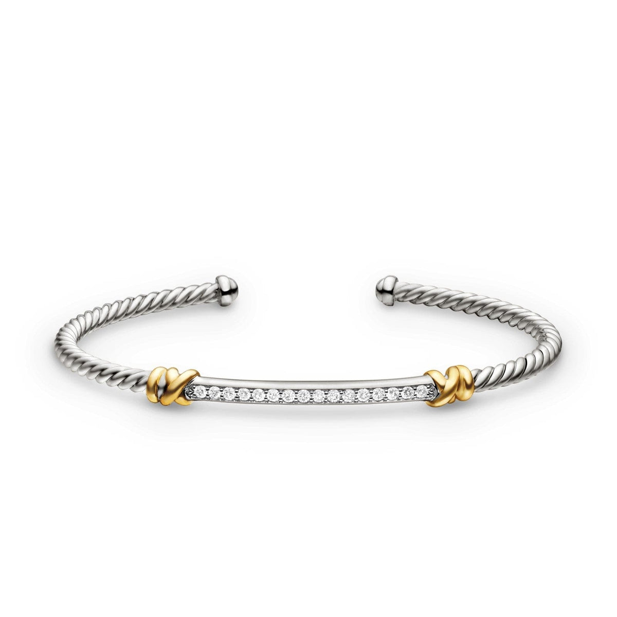 Petite Helena Classic Cable Station Bracelet in Sterling Silver with 18K Yellow Gold with Diamonds, 3mm