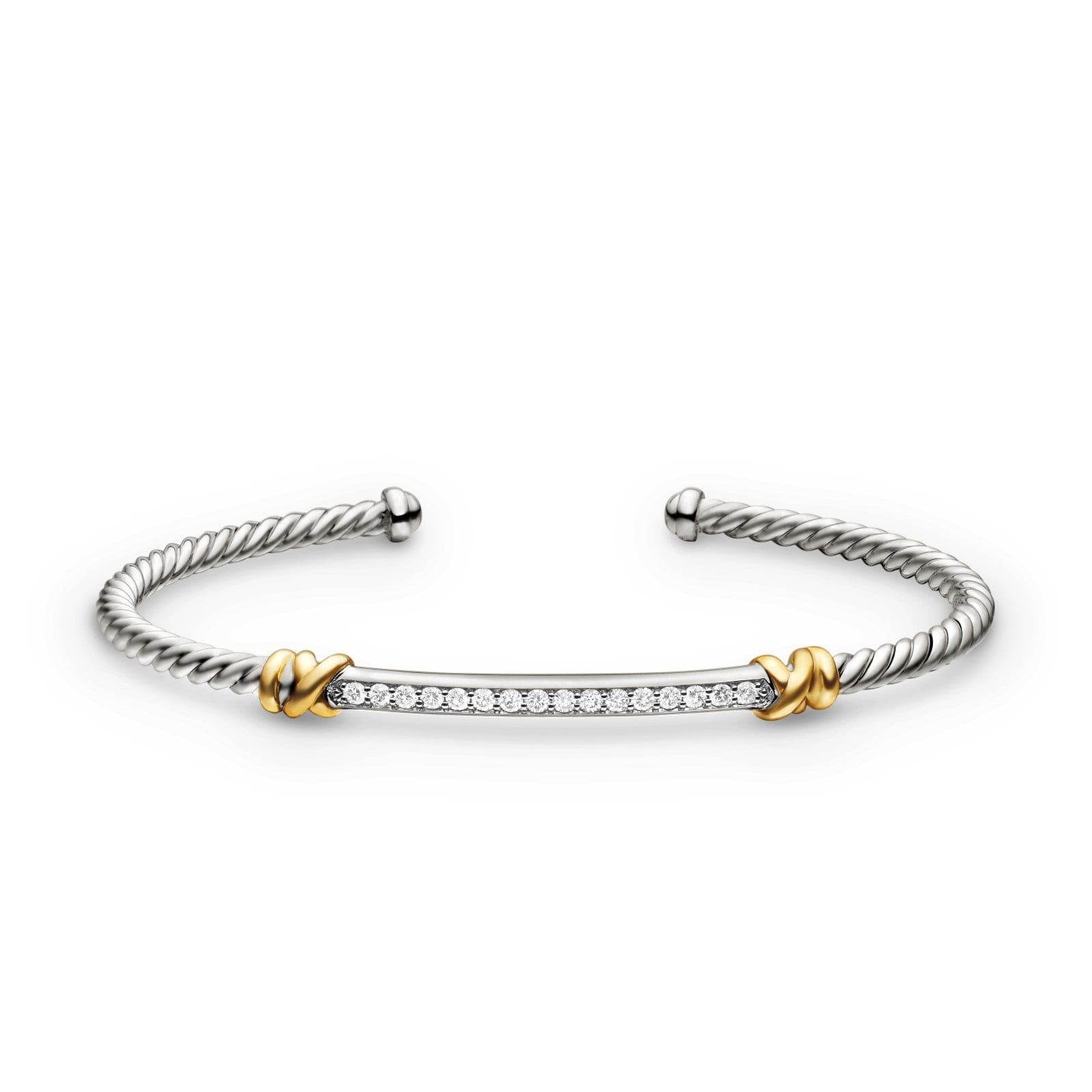 Petite Helena Classic Cable Station Bracelet in Sterling Silver with 18K Yellow Gold with Diamonds, 3mm