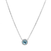 14K White Gold Blue Topaz and Diamond Halo Pendant Necklace