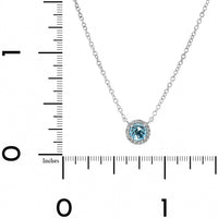 14K White Gold Blue Topaz and Diamond Halo Pendant Necklace