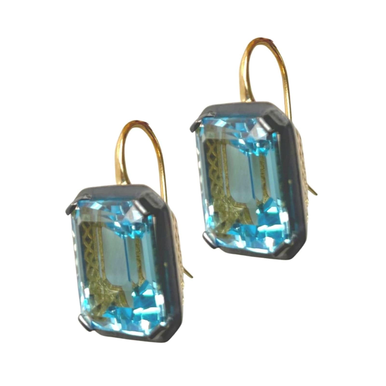 18K Yellow Gold Emerald Cut Blue Topaz Earrings