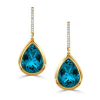 18K Yellow Gold Blue Topaz and Diamond Drop Earrings