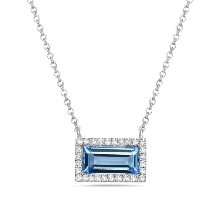 14K White Gold Blue Topaz Diamond Halo Necklace