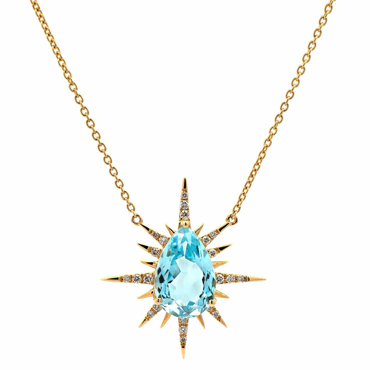 18K Yellow Gold Blue Topaz Diamond Pendant Necklace