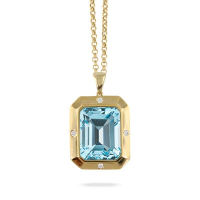 18K Yellow Gold Blue Topaz Diamond Pendant Necklace