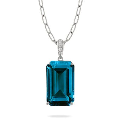 18K White Gold Blue Topaz Diamond Pendant Necklace