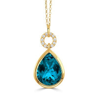 18K Yellow Gold Pear Shaped Blue Topaz Diamond Pendant