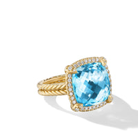 18K Yellow Gold Blue Topaz Chatelaine Pave Bezel Ring