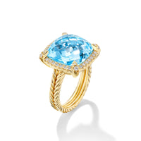 18K Yellow Gold Blue Topaz Chatelaine Pave Bezel Ring