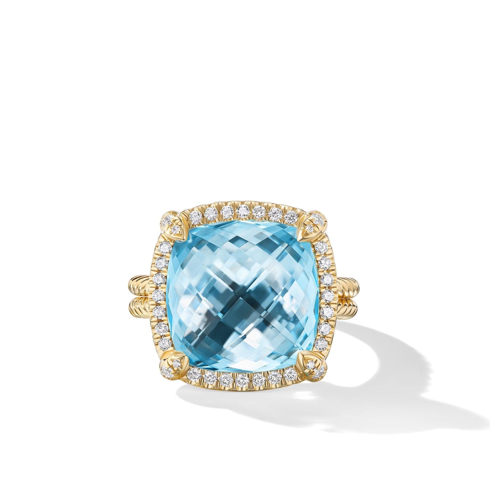 18K Yellow Gold Blue Topaz Chatelaine Pave Bezel Ring