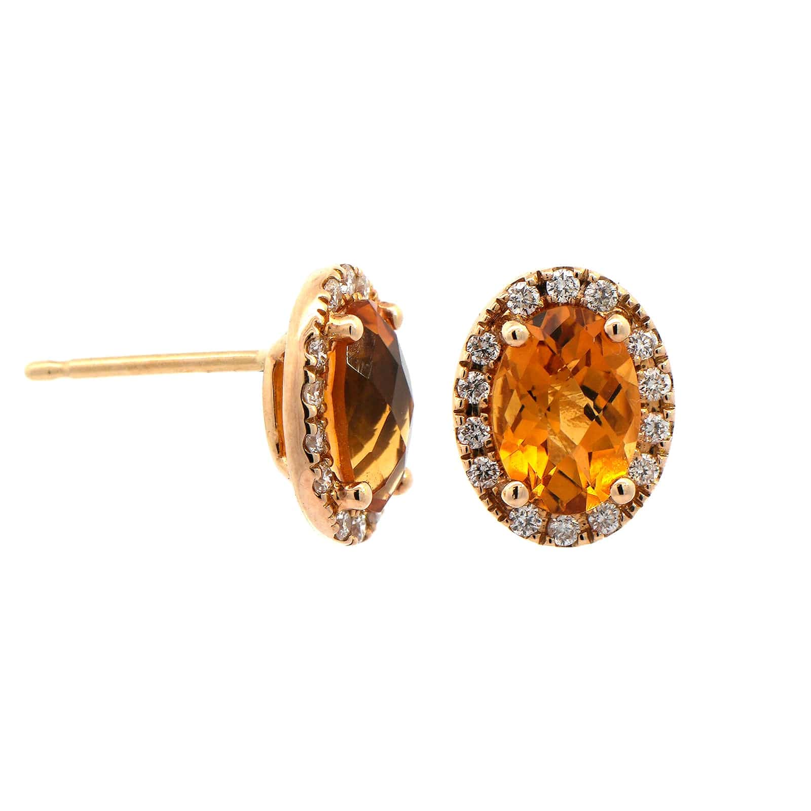14K Yellow Gold Citrine and Diamond Halo Stud Earrings
