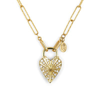 Three Stories 14K Yellow Gold Double Sided Rainbow Sapphire and Diamond Heart Lock Pendant