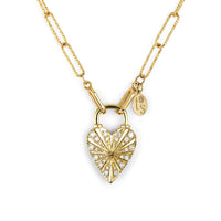 Three Stories 14K Yellow Gold Double Sided Rainbow Sapphire and Diamond Heart Lock Pendant