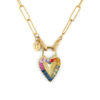 Three Stories 14K Yellow Gold Double Sided Rainbow Sapphire and Diamond Heart Lock Pendant