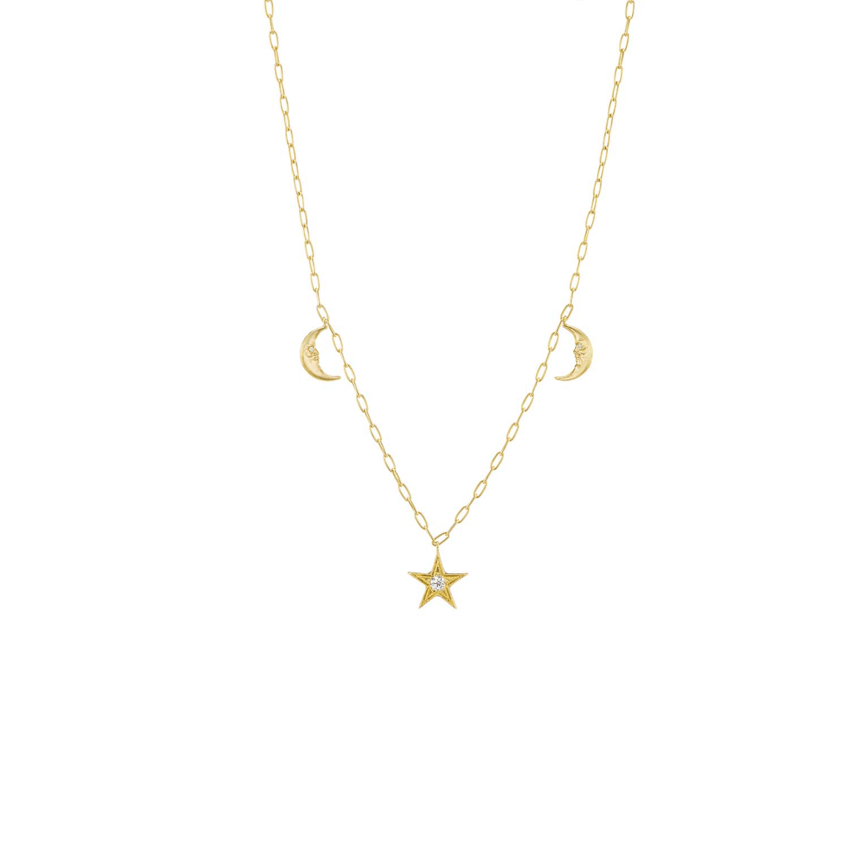 18K Yellow Gold Crescent Moon Star Celestial Charm Necklace