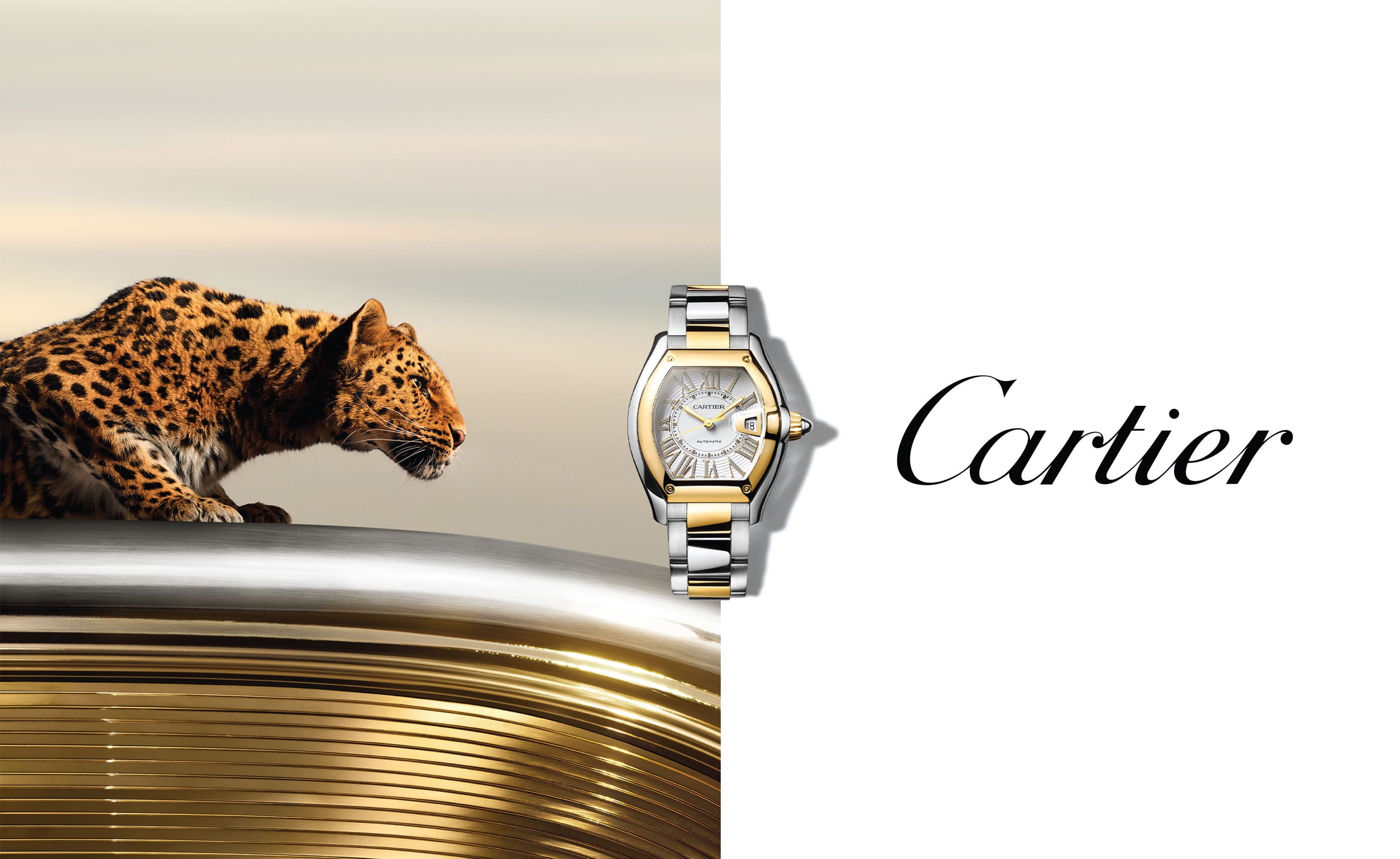 Cartier Roadster watch with a leopard on a white background