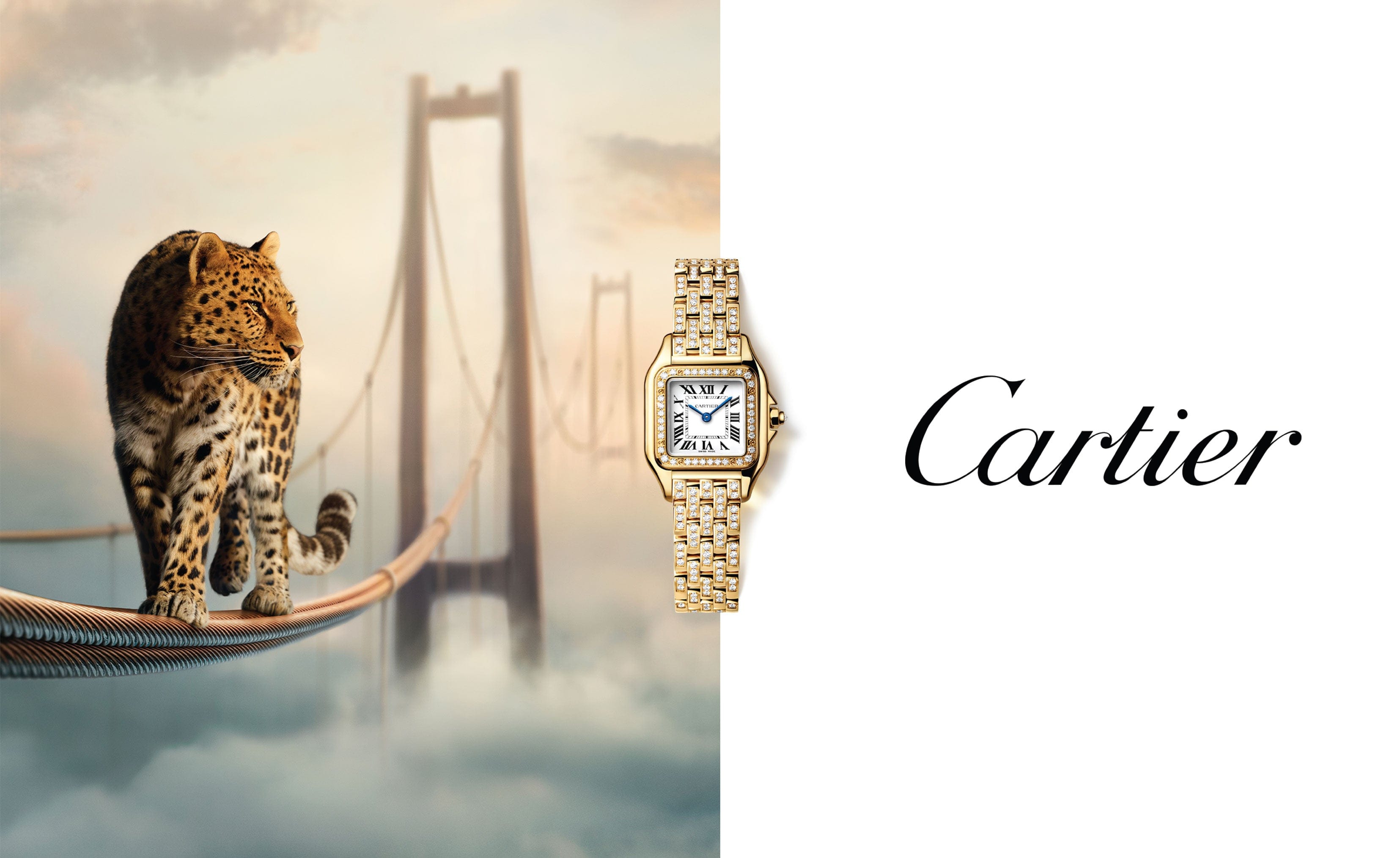 Cartier watch with a leopard on a bridge in the background