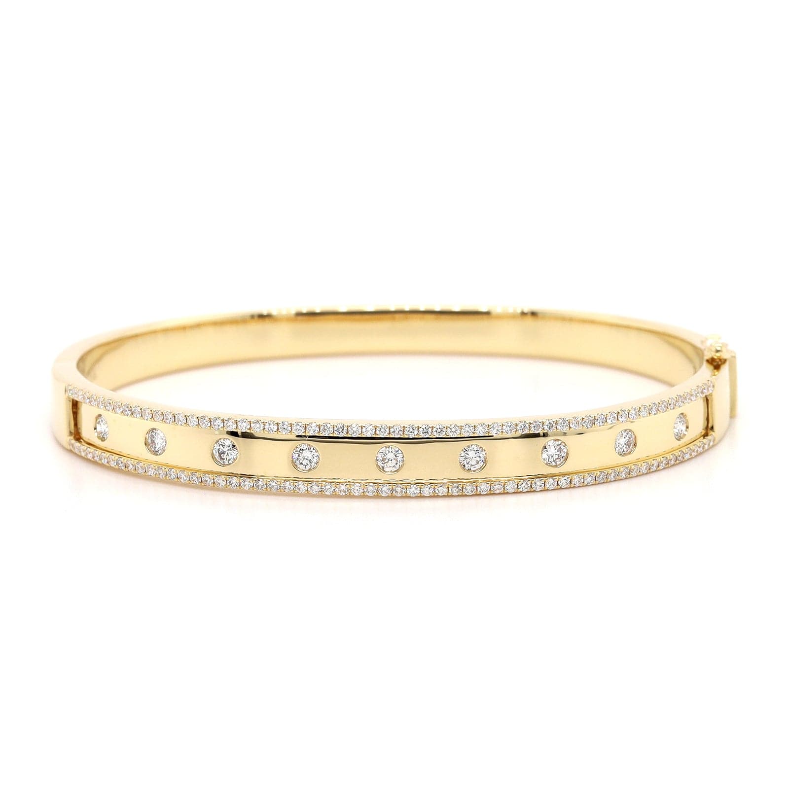 14K Yellow Gold Burnished Set Round Diamond Bangle Bracelet