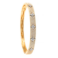 18K Yellow Gold Pave Diamond and Clover Station Bangle Bracelet